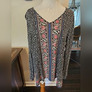 J. Jill •Size Medium• V-neck Tunic Blouse Paisley Dark Floral Print Long Sleeve